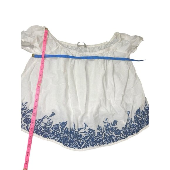 ZARA BASIC Women's XS Embroidered Blouse White with Blue Off-the-Shoulder - Picture 7 of 10